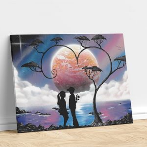 Paesaggio nel cuore- Dipinto con due ragazzi al chiaro di luna, mare e albero a forma cuore- Wolf Art