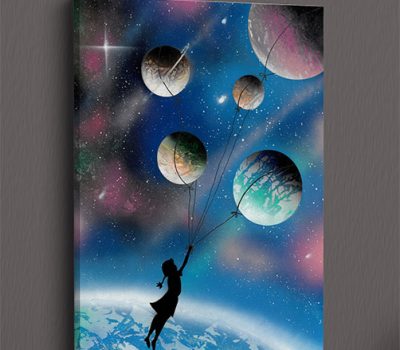 Fuga per un sogno infinito- Bimba trascinata da pianeti, universo, palloncini- Wolf Art