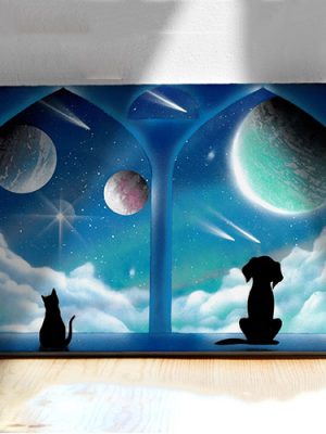 Le finestre delle meraviglie- Coppia di cane e gatto che guardano insieme dalla finestra pianeti e stelle, colore azzurro. WOlf Art