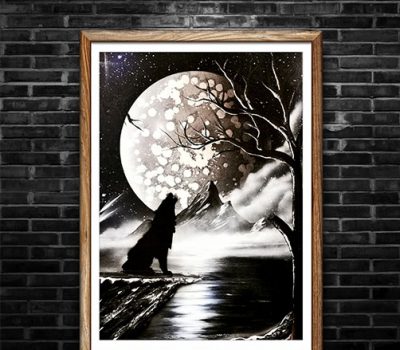 Lupo Black&White- Lupo che ulula alla luna, paesaggio notturno- Wolf Art