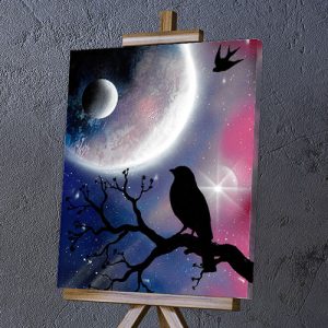 Merlo Pensatore- Merlo sul ramo paesaggio notturno- Wolf Art