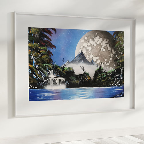 Tenera è La Notte- Montagna che si staglia su lago con luna e alberi- WOlf Art