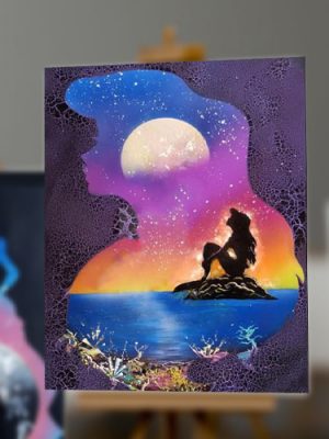 La Sirenetta- Tela di Ariel con scoglio e immagine serale- Spray Art