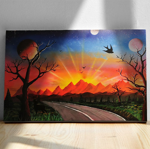 Strada Per Il Tramonto- Sentiero che si dirige verso il tramonto con monti, sole e pianeti- Wolf Art