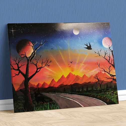Strada Per Il Tramonto- Sentiero che si avvia verso il tramonto con prato, alberi, monti e pianeti- Wolf Art